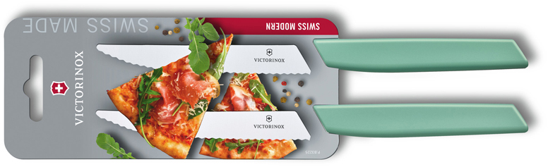 Набор из 2 ножей для стейка и пиццы VICTORINOX Swiss Modern, 12 см, с волнистой заточкой, в блистере, мятно-зелёный Набор из 2 ножей для стейка и пиццы VICTORINOX Swiss Modern, 12 см, с волнистой заточкой, в блистере, мятно-зелёный