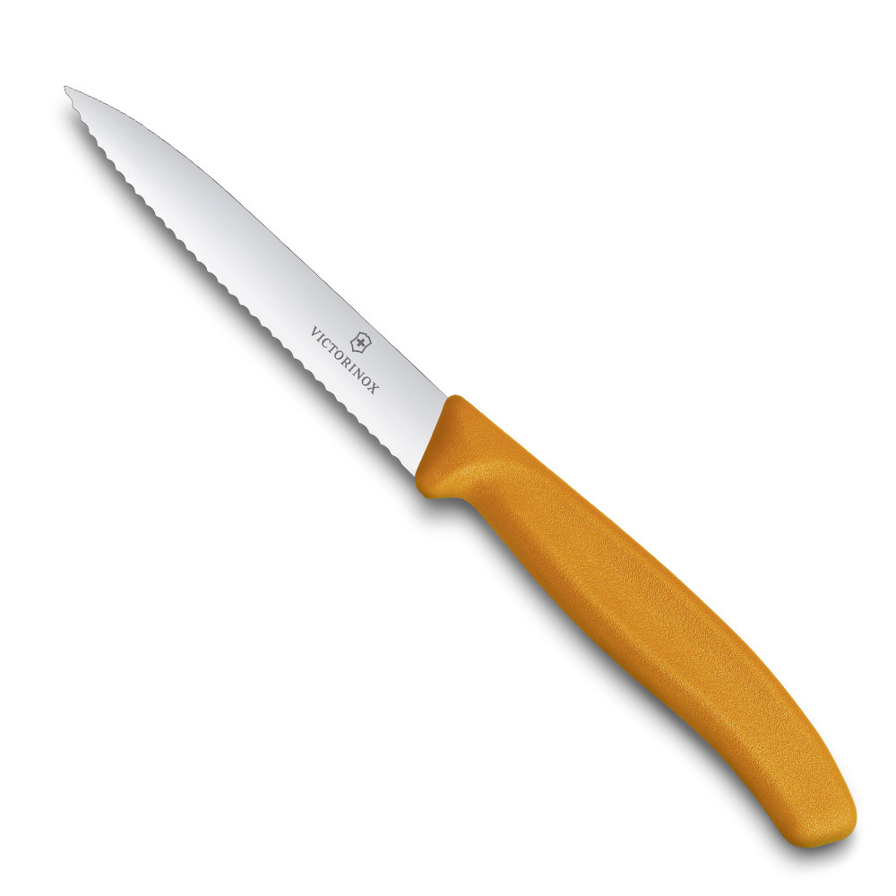Нож для овощей VICTORINOX SwissClassic, лезвие из нержавеющей стали 10 см с серрейторной заточкой, оранжевая пластиковая рукоять Нож для овощей VICTORINOX SwissClassic, лезвие из нержавеющей стали 10 см с серрейторной заточкой, оранжевая пластиковая рукоять