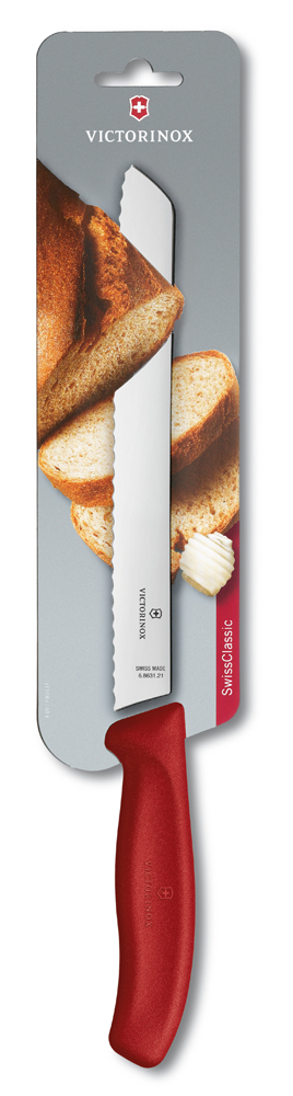 Нож для хлеба VICTORINOX SwissClassic, лезвие из нержавеющей стали 21 см с волнистой заточкой, красная пластиковая рукоять, в картонном блистере Нож для хлеба VICTORINOX SwissClassic, лезвие из нержавеющей стали 21 см с волнистой заточкой, красная пластиковая рукоять, в картонном блистере
