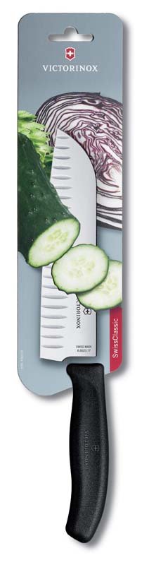 Нож Victorinox "Santoku", лезвие 17 см рифленое, черный, в картонном блистере Нож Victorinox "Santoku", лезвие 17 см рифленое, черный, в картонном блистере