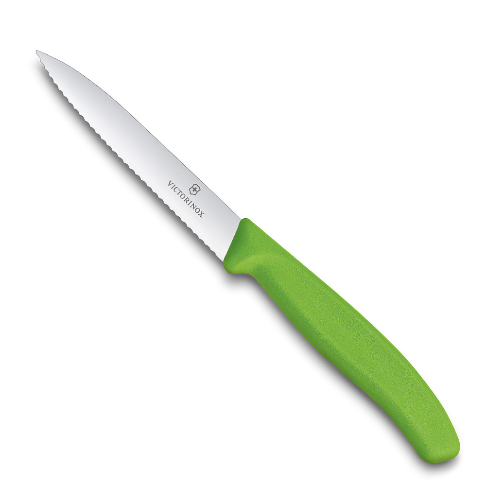 Нож для овощей VICTORINOX SwissClassic, лезвие из нержавеющей стали 10 см с серрейторной заточкой, зелёная пластиковая рукоять Нож для овощей VICTORINOX SwissClassic, лезвие из нержавеющей стали 10 см с серрейторной заточкой, зелёная пластиковая рукоять