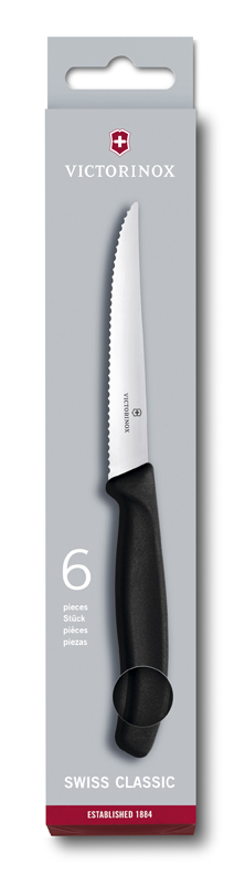 Набор из 6 ножей для стейков VICTORINOX SwissClassic, 11 см, серейторная заточка, рукоять из полипропилена чёрного цвета, в картонной коробке с подвесом Набор из 6 ножей для стейков VICTORINOX SwissClassic, 11 см, серейторная заточка, рукоять из полипропилена чёрного цвета, в картонной коробке с подвесом