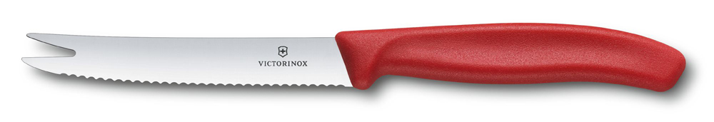 Нож для сыра и колбасы VICTORINOX SwissClassic, лезвие 11 см, с серрейторной заточкой, красная пластиковая рукоять