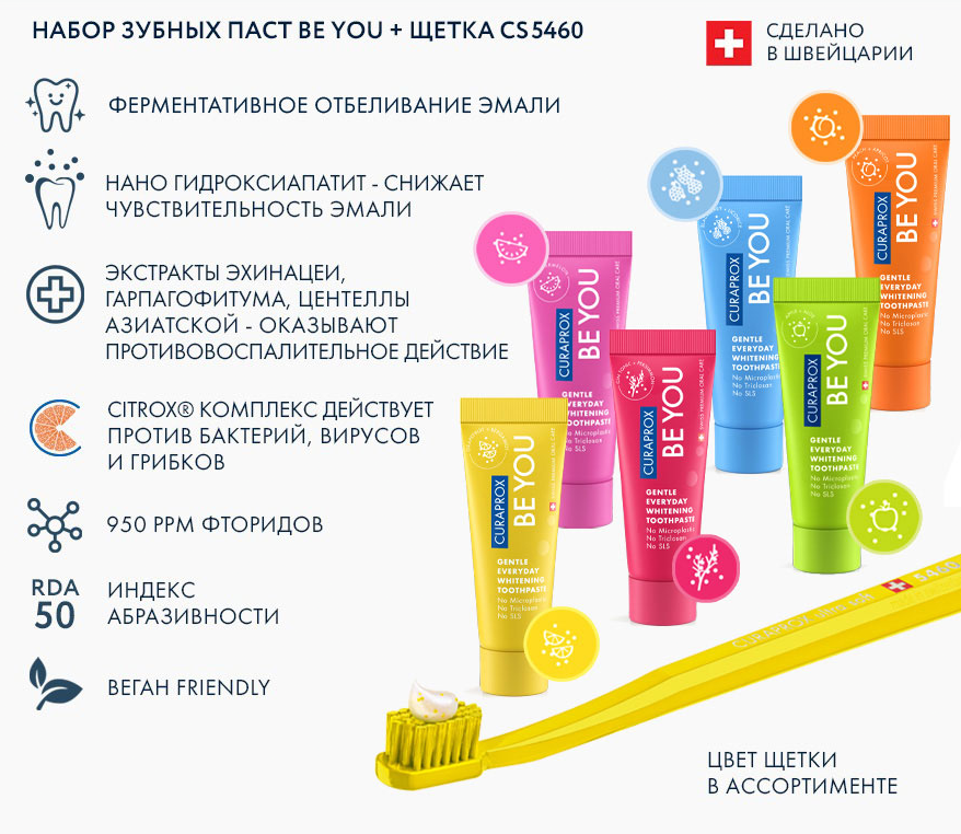 Набор отбеливающих зубных паст Be You 6 вкусов + зубная щетка 5460 Ultra Soft Набор отбеливающих зубных паст Be You 6 вкусов + зубная щетка 5460 Ultra Soft