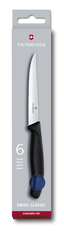 Набор из 6 ножей для стейков VICTORINOX SwissClassic, 11 см, серейторная заточка, рукоять из полипропилена синего цвета, в картонной коробке с подвесом Набор из 6 ножей для стейков VICTORINOX SwissClassic, 11 см, серейторная заточка, рукоять из полипропилена синего цвета, в картонной коробке с подвесом