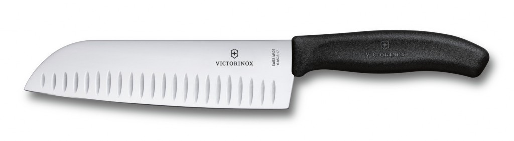 Нож Victorinox кухонный "Santoku", лезвие 17 см рифленое, черный