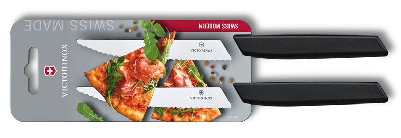 Набор из 2 ножей для стейка и пиццы VICTORINOX Swiss Modern, 12 см, с волнистой заточкой, в блистере, черный Набор из 2 ножей для стейка и пиццы VICTORINOX Swiss Modern, 12 см, с волнистой заточкой, в блистере, черный