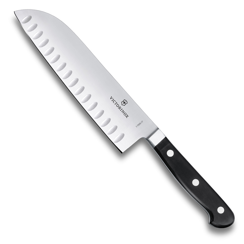 Нож Victorinox "Santoku" кованый, лезвие 17 см рифленое, черный