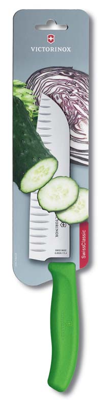 Нож Victorinox "Santoku", лезвие 17 см рифленое, зеленый, в картонном блистере Нож Victorinox "Santoku", лезвие 17 см рифленое, зеленый, в картонном блистере