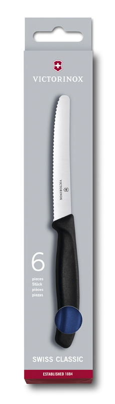 Набор из 6 столовых ножей VICTORINOX SwissClassic, 11 см, серейторная заточка, рукоять из полипропилена синего цвета, в картонной коробке с подвесом. Набор из 6 столовых ножей VICTORINOX SwissClassic, 11 см, серейторная заточка, рукоять из полипропилена синего цвета, в картонной коробке с подвесом.