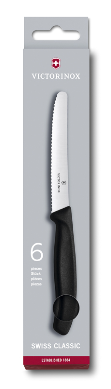 Набор из 6 столовых ножей VICTORINOX SwissClassic, 11 см, серейторная заточка, рукоять из полипропилена чёрного цвета, в картонной коробке с подвесом. Набор из 6 столовых ножей VICTORINOX SwissClassic, 11 см, серейторная заточка, рукоять из полипропилена чёрного цвета, в картонной коробке с подвесом.
