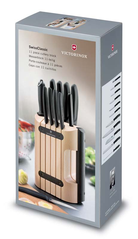 Набор из 11 кухонных ножей VICTORINOX, лезвие из нержавеющей стали, чёрная рукоять, в подставке из древесины бука высотой 35,5 см. Набор из 11 кухонных ножей VICTORINOX, лезвие из нержавеющей стали, чёрная рукоять, в подставке из древесины бука высотой 35,5 см.