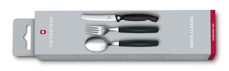 Набор из 3 столовых приборов VICTORINOX Swiss Classic: складной нож для овощей, вилка, ложка, чёрный Набор из 3 столовых приборов VICTORINOX Swiss Classic: складной нож для овощей, вилка, ложка, чёрный