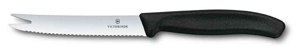 Нож для сыра и колбасы VICTORINOX SwissClassic, лезвие 11 см, с серрейторной заточкой, чёрная пластиковая рукоять