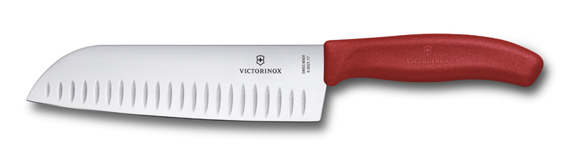 Нож сантоку VICTORINOX SwissClassic, рифлёное лезвие 17 см, рукоять из термопластика TPE красного цвета, в картонной подарочной коробке