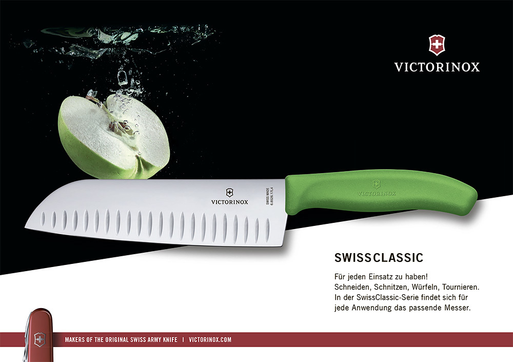 Нож Victorinox "Santoku", лезвие 17 см рифленое, зеленый, в картонном блистере Нож Victorinox "Santoku", лезвие 17 см рифленое, зеленый, в картонном блистере