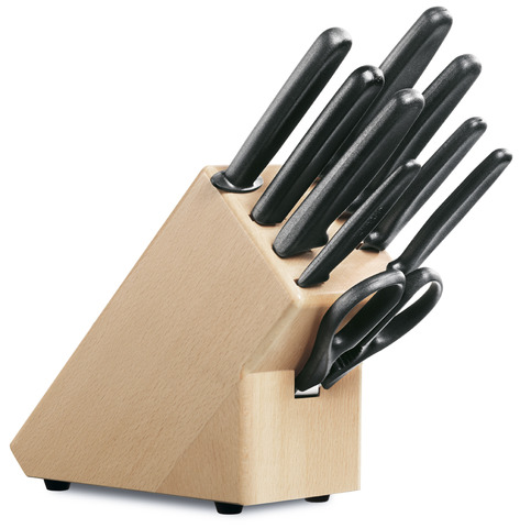 Набор из 9 кухонных приборов VICTORINOX: 6 ножей, вилка для разделки мяса, кухонные ножницы, мусат, в подставке из древесины бука высотой 28 см.