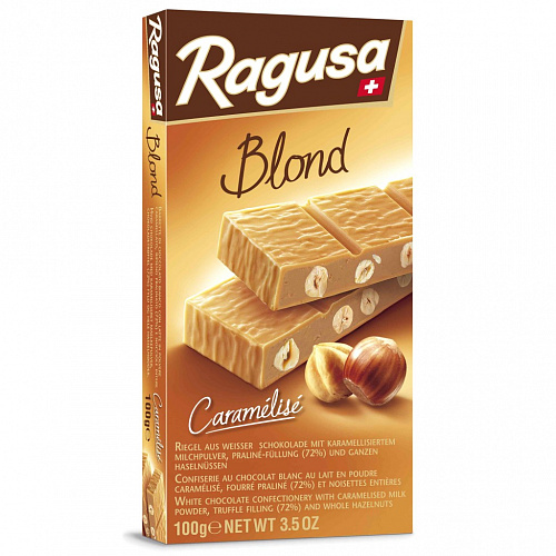 Белый шоколад Ragusa Blond с трюфельной начинкой и целыми лесными орехами 12шт*100г Белый шоколад Ragusa Blond с трюфельной начинкой и целыми лесными орехами 12шт*100г